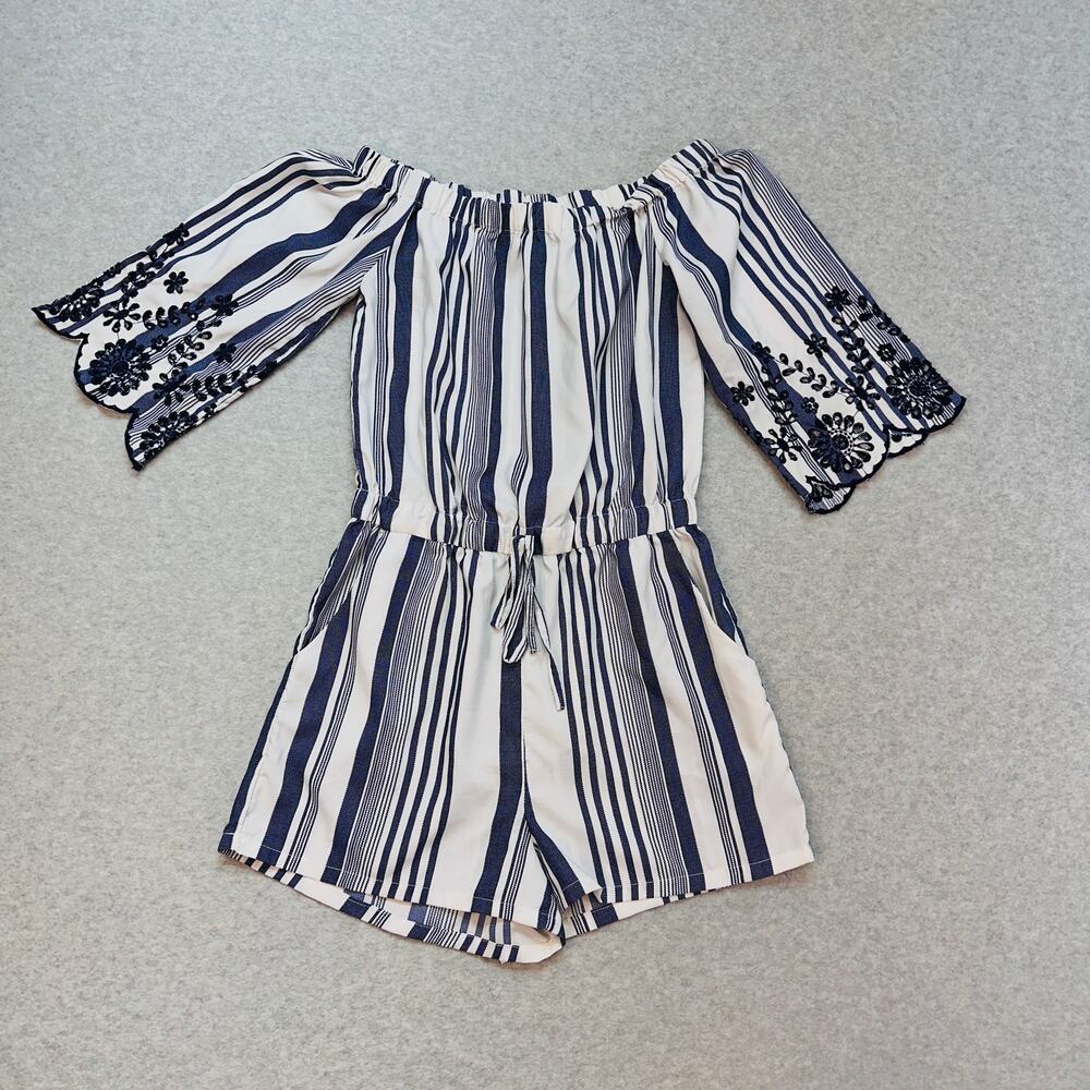 Style House Striped Romper/Jumpsuit WMN 5 Navy White On/Off Shoulder Embroidered